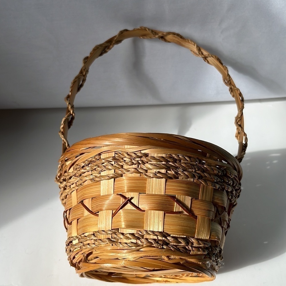 Vintage Handwoven Basket with Handle Rustic Farmhouse Cottage Decor
